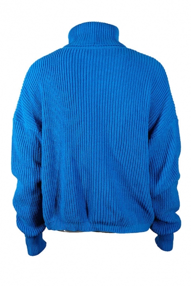 Winter Warm Royal Blue Plain Turtle Neck Long  Sleeve Loose Fit Cable Knit Chunky Sweater