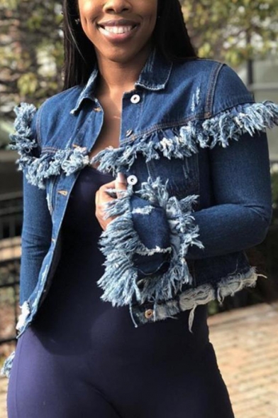 Women Fashionable Fringe Detail Long Sleeve Button Front Ripped Dark Blue Short Denim Jacket