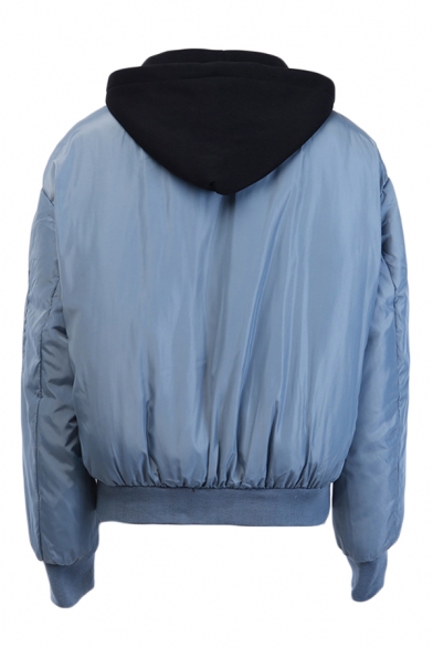 Women's Blue Classic Color Block Drawstring Hood Zip Up Padded Bomber Jacket Coat with Pocket