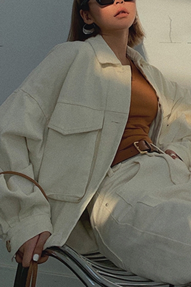 Women's Simple Beige Big Pocket Long Sleeve Single Breasted Oversized Classic Utility Jacket