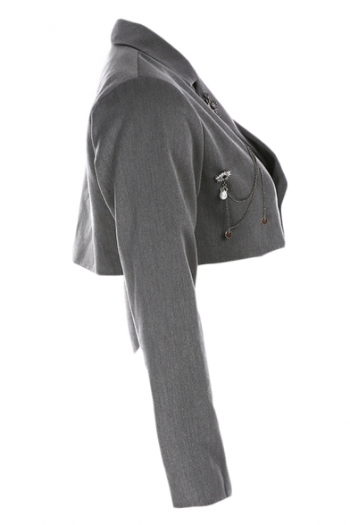 Women Stylish Plain Chic Chain Decoration Long Sleeve Double Button Cropped Suit Coat