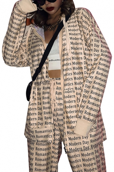 Womens Beige Fashionable Allover Letter Printed Long Sleeve Zip Up Loose Boyfriend Hooded Coat Jacket