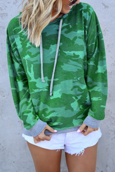 Womens Casual Camo Printed Long Sleeve Thin Drawstring Hoodie without Pocket