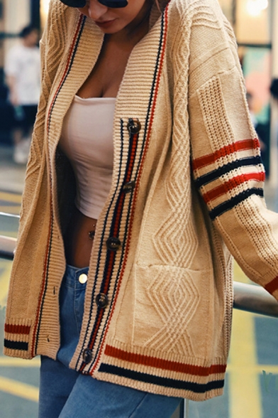 Womens Casual Color Block Stripe Long Sleeve Single Breasted Oversized Cable Knit Apricot Cardigan Coat