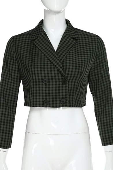 Womens Casual Green Plaid Pattern Long Sleeve Double Breasted Cropped Blazer Coat