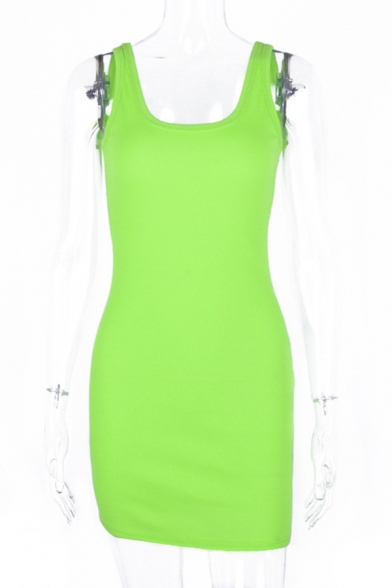 Womens Casual Solid Color Scoop Neck Sleeveless Mini Tank Dress