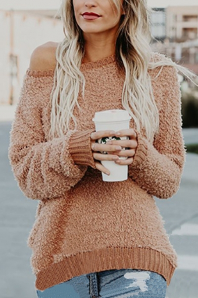 Womens Chic Plain Khaki Long Sleeve Round Neck Tunic Popcorn Sweater