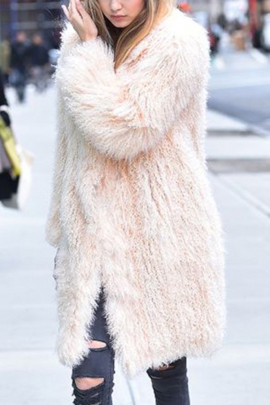 Womens Chic Plain Long Sleeve Open Front Faux Fur Longline Sheepskin Warm Coat