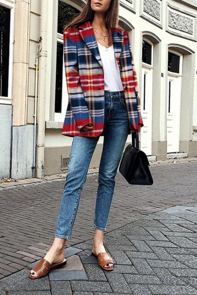 Womens Classic Color Block Plaid Long Sleeve Notched Lapel Button Down Oversized Blazer Coat