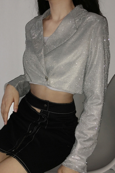 Womens Cool Silver Glitter Long Sleeve Single Button Cropped Blazer Coat