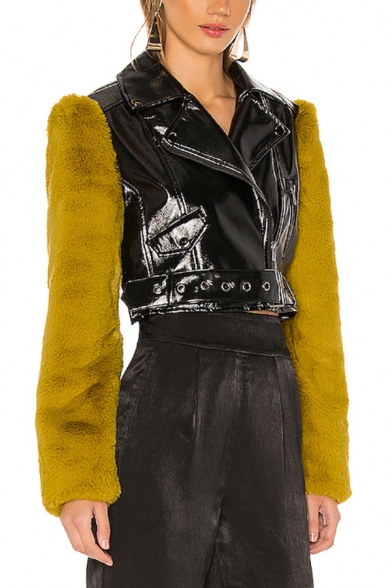 Womens Designer Colorblock Plush Sleeves Lapel Collar PU Leather Metallic Belted Short Jacket Coat