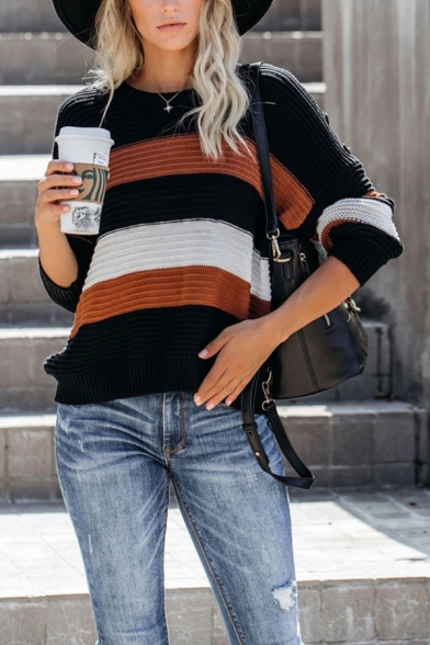 Womens Fashion Colorblock Stripes Button Decoration Long Sleeve Loose Commuting Pullover Sweater
