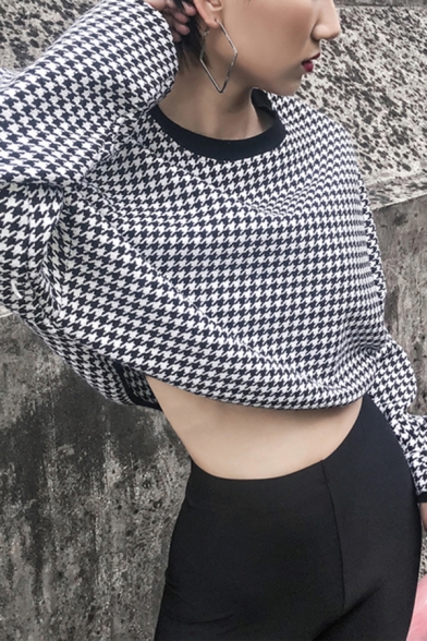 Womens Fashion Houndstooth Pattern Contrast Trim Long Sleeve Round Neck Cropped Sweatshirt