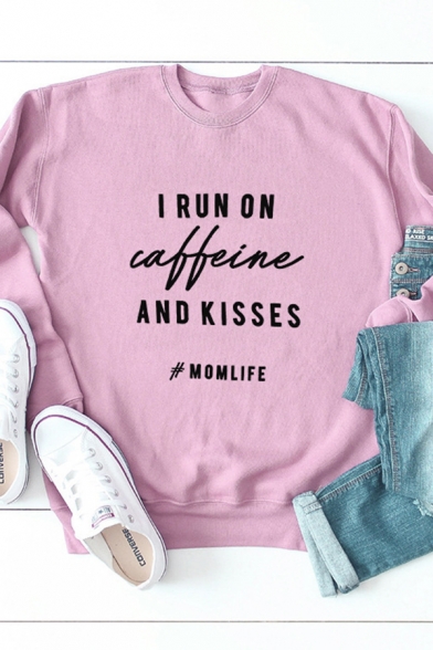 Womens Fashionable Letter I RUN ON CAFFEINE AND KISSES Printed Crew Neck Long Sleeve Sweatshirt