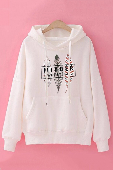 Womens Fashionable MIAOER Letter Leaves Printed Long Sleeve Pouch Pocket Casual Drawstring Hoodie