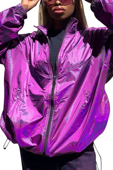 Womens Fashionable Purple Metallic Stand Collar Zip Up Drawstring Hem Loose Fit Windbreaker Coat