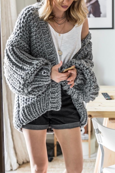 Womens Fashionable Solid Color Lantern Long Sleeve Open Front Chunky Knitted Oversized Cardigan Coat