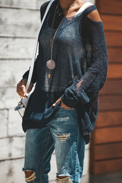 Womens Plain Sexy Dark Blue V Neck Shredded Detail Drop Shoulder Open-Knit Longline Baggy Thin Pullover Sweater
