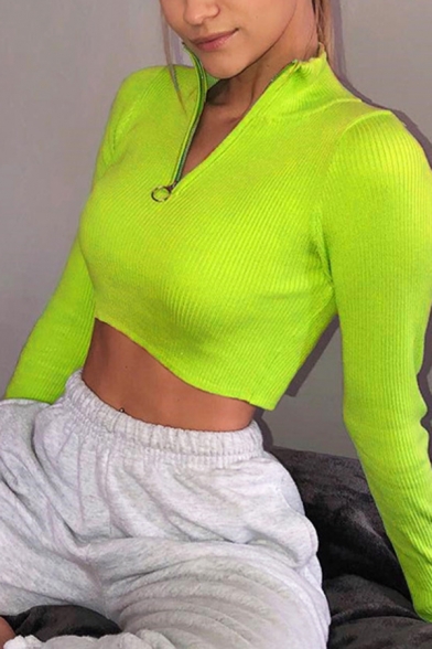 Womens Plain Sexy High Neck Long Sleeve Half-Zip Ribbed Knit Bodycon Crop Pullover Sweater Top