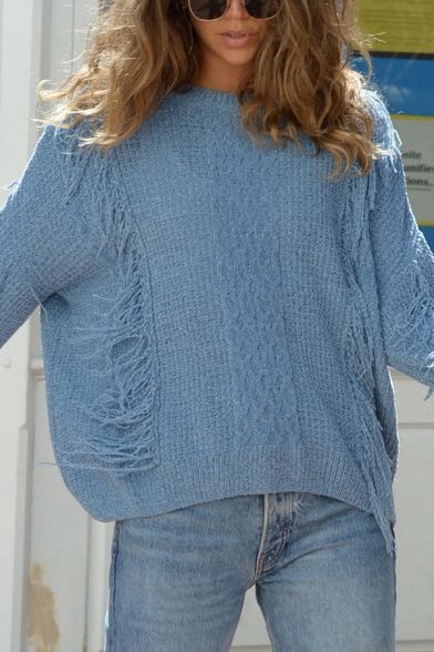 Womens Popular Blue Tassel Long Sleeve Leisure Oversized Pullover Sweater