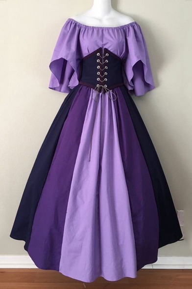Womens Renaissance Vintage Off Shoulder Short Sleeve Lace Up Front Gathered Waist Color Block Maxi Medieval Dress for Party