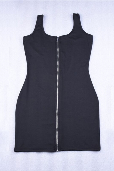 Womens Sexy Scoop Neck Zip Up Front Backless Black Casual Mini Tank Dress