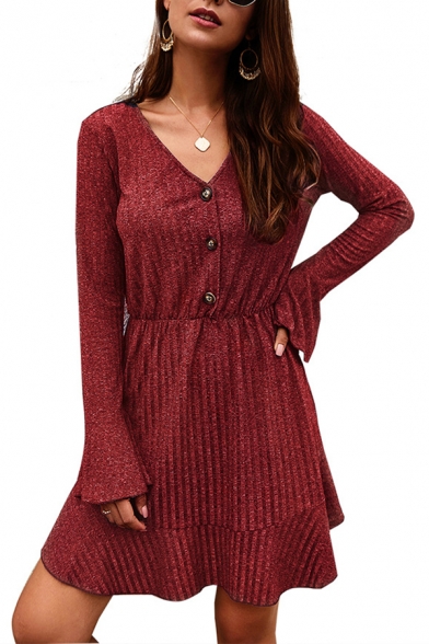 Womens Simple Plain Ruffled Long Sleeve Button Down Ribbed Knit Mini A-Line Dress