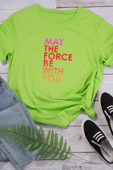 Womens Stylish Ombre Letter MAY THE FORCE BE WITH YOU Printed Curved Short Sleeve Loose Casual T-Shirt