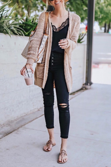 Womens Stylish Plain Long Sleeve Collarless Khaki Tunic Cardigan Knitted Coat