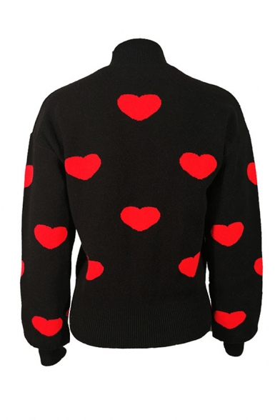 Womens Stylish Red Heart Printed Long Sleeve Turtleneck Loose Black Pullover Sweater