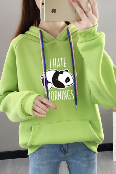 Cartoon Panda Letter I HATE MORNINGS Pattern Long Sleeve Regular Hoodie for Juniors