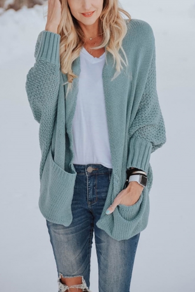 Casual Plain Shawl Collar Batwing Sleeve Double Pockets Baggy Relaxed Cardigan Knitwear