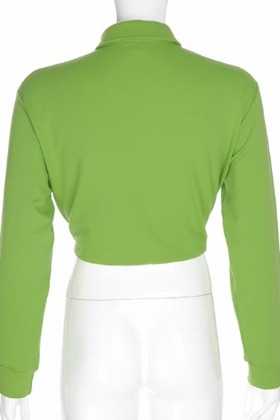 Chic Green Lapel Collar Button Front Long Sleeve Drawstring Hem Pullover Sweatshirt