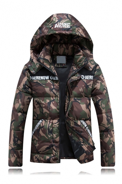 Classic Camo AERE Letter Printed Long Sleeve Slim Fit Zip Placket Hooded Down Coat for Couple