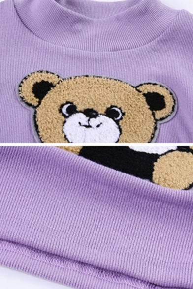 Cute Bear Embroidery Mock Neck Long Sleeve Light Purple Bodycon Crop Pullover Sweater