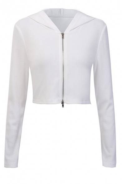 Fall Popular White Long Sleeve Zip Up Ribbed Cropped Hooded Jacket Coat