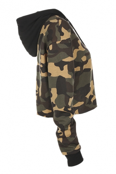 Fashion Camo Panel Long Sleeve Casual Loose Fit Cropped Drawstring Hoodie