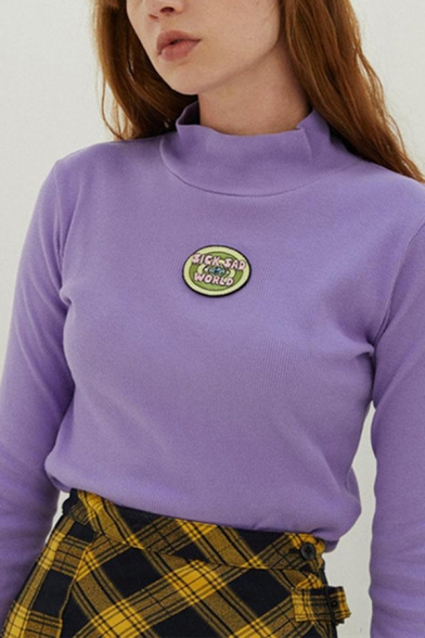 Fashionable Embroidery Pattern Printed Long Sleeve Mock Neck Short Fitted Light Purple Pullover Sweater