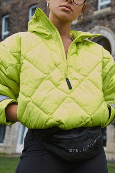 Fluorescent Green Half Zip Color Blocked Stripe Long Sleeve Lightweight Quilted Jacket Padded Coat
