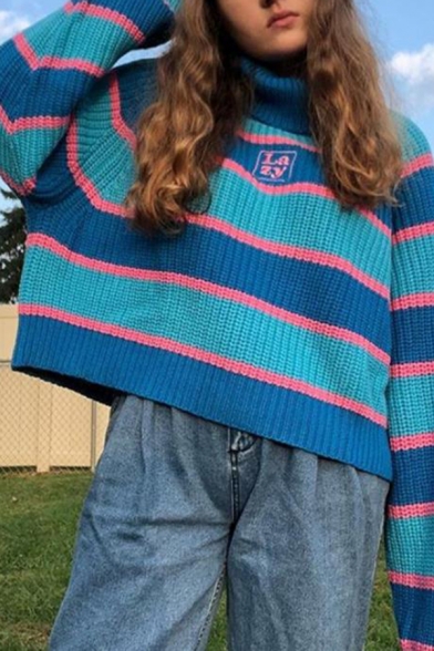 Girls Fashionable Blue And Pink Stripe Turtleneck Drop-Shoulder Long Sleeve Boxy Casual Pullover Chunky Sweater
