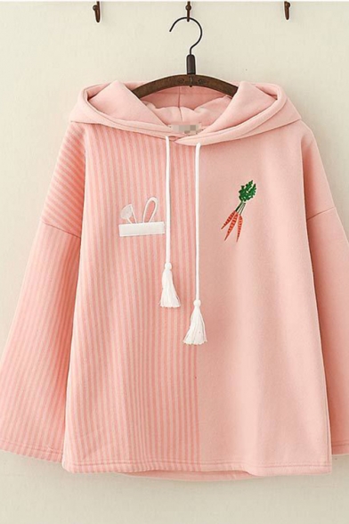 Girls Lovely Carrot Rabbit Embroidery Stripe Panel Long Sleeve Loose Fit Cute Hoodie