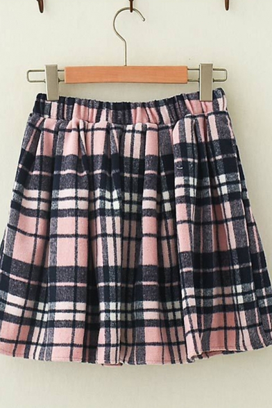 Girls Stylish Pink Check Printed Elastic Waist Casual Mini A-Line Wool Skirt