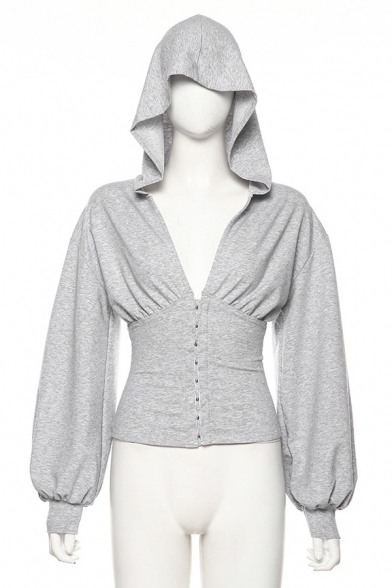 Goth Style Plain Grey V-Neck Lantern Long Sleeve Button Front Slim Fit Hoodie