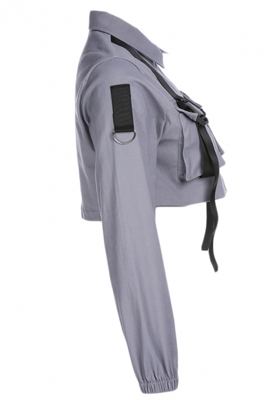 Hip Hop Style Long Sleeve Push Buckle Flap Pocket Zipper Grey Cropped Cargo Jacket for Women