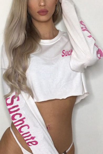 SUCHCUTE Letter Printed Long Sleeve White Loose Relaxed Cropped Sweatshirt