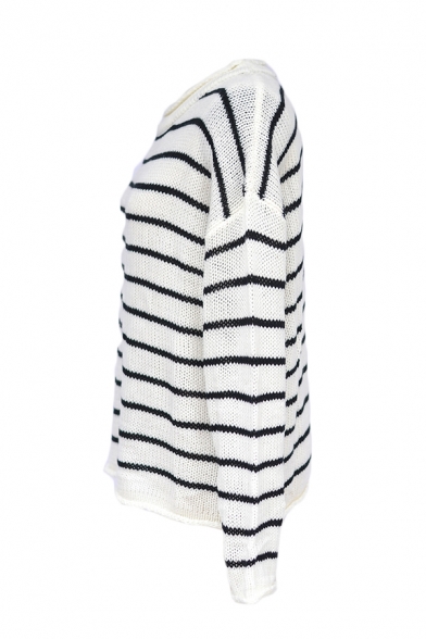 Two Tone Striped Long Sleeve Chunky Knit Loose Pullover Sweater