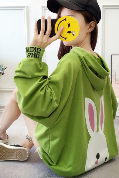 Korean Style Cute Rabbit Printed Back Balloon Sleeve Letter Cuff Oversized Drawstring Hoodie with Pocket