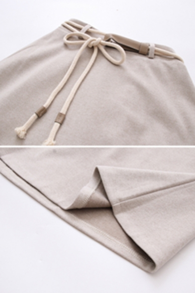 Ladies Elegant Plain High Waist Midi A-Line Wool Skirt with Tied Belt
