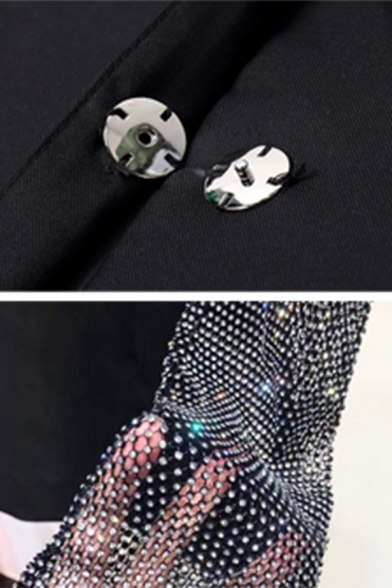 Ladies Fashion Rhinestone Patch Long Sleeve Snap Button Black Designer Loose Blazer Coat