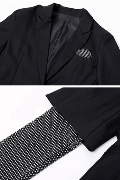 Ladies Fashion Rhinestone Patch Long Sleeve Snap Button Black Designer Loose Blazer Coat